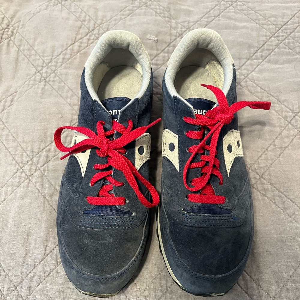 Saucony Blue and White Sneakers with Red Laces